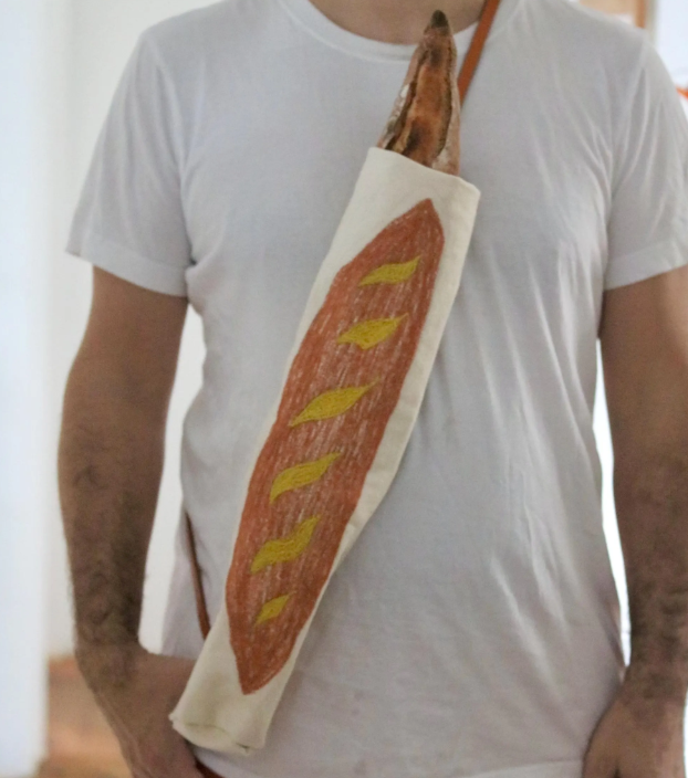 Handcrafted Cotton French Baguette Bag with Leather Strap